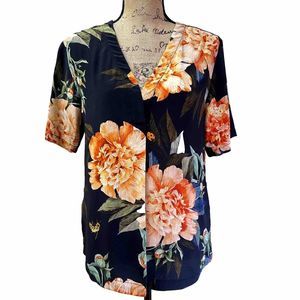 Pyrus Women’s Silk Blouse SZ S Black with Orange Flowers Short Sleeve V-neck Top